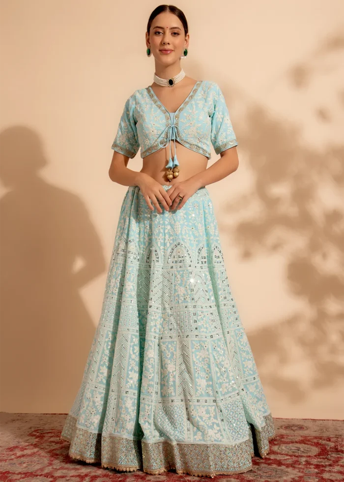 Light Blue Embroidered Georgette Lehenga