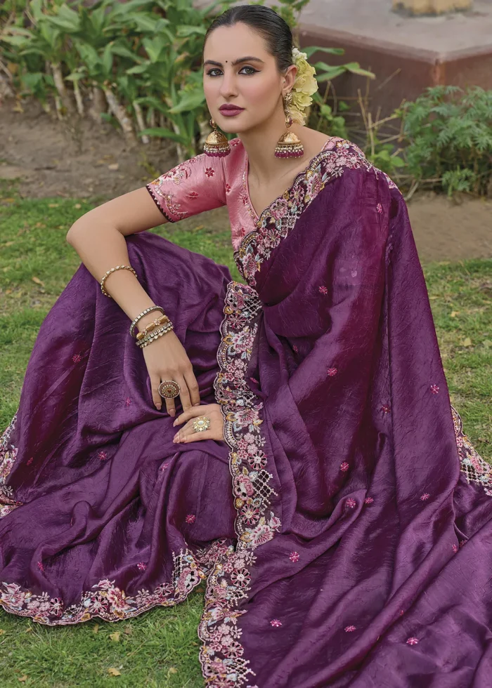 Magenta Embroidered Crushed Silk Saree