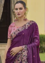 Magenta Embroidered Crushed Silk Saree