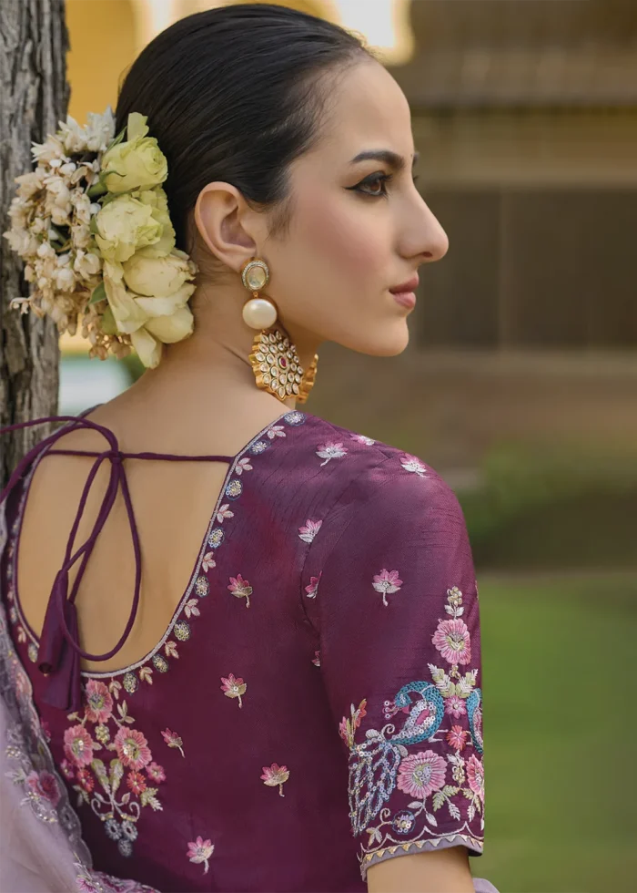 Mauve Embroidered Organza Silk Saree