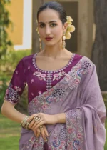 Mauve Embroidered Organza Silk Saree