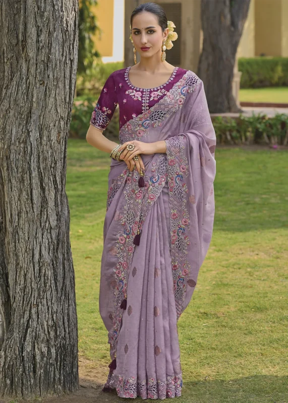 Mauve Embroidered Organza Silk Saree