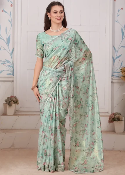 Mint Green Printed Organza Silk Saree