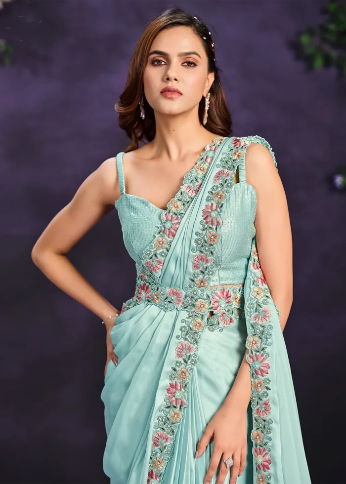 Mint Green Ready to Wear Designer Saree