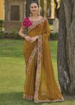 Mustard Yellow Embroidered Organza Silk Saree