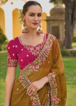 Mustard Yellow Embroidered Organza Silk Saree