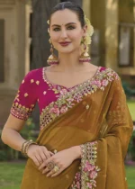 Mustard Yellow Embroidered Organza Silk Saree