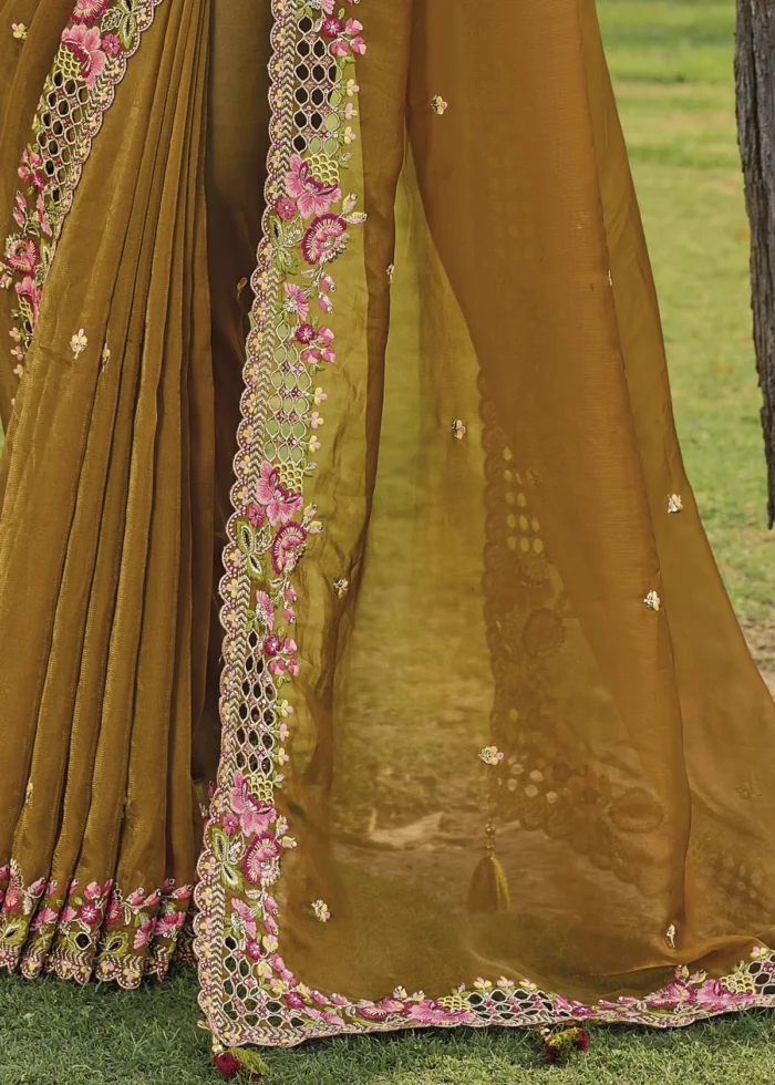 Mustard Yellow Embroidered Organza Silk Saree