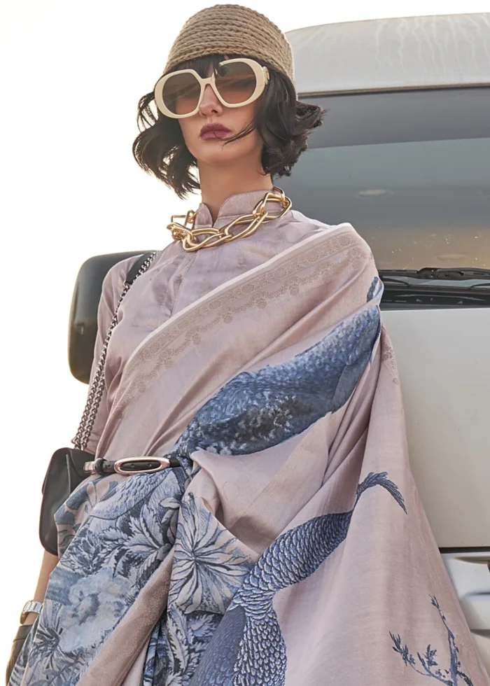 Dusty Beige Printed Tussar Silk Saree with Zari Weaving