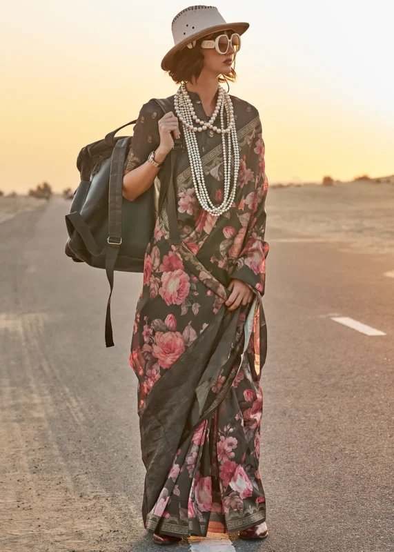 Dark Olive Green Printed Tussar Silk Saree