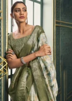 Olive Green Printed Cotton Silk Saree