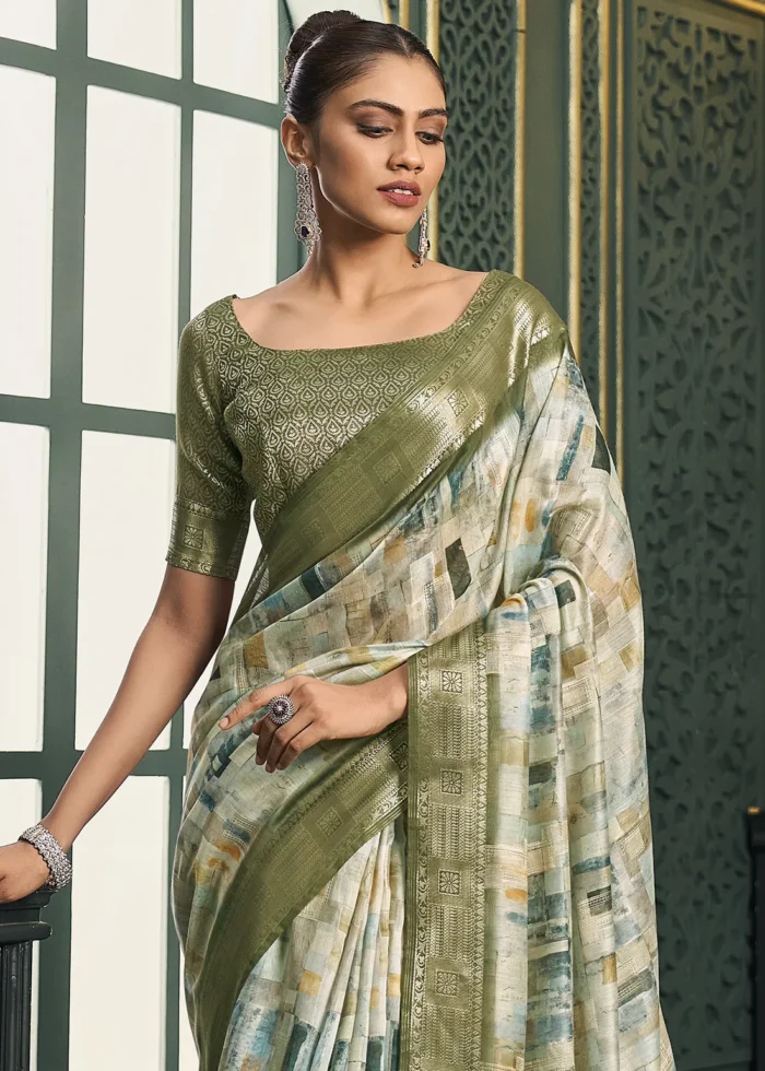 Olive Green Printed Cotton Silk Saree