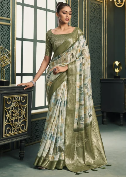 Olive Green Printed Cotton Silk Saree