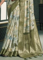 Olive Green Printed Cotton Silk Saree