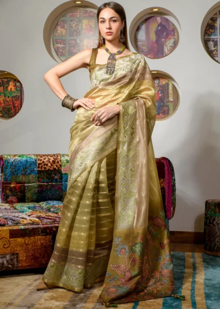 Olive Green Printed Organza Silk Saree