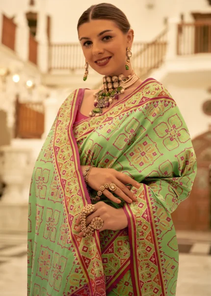 Parrot Green Patola Silk Saree