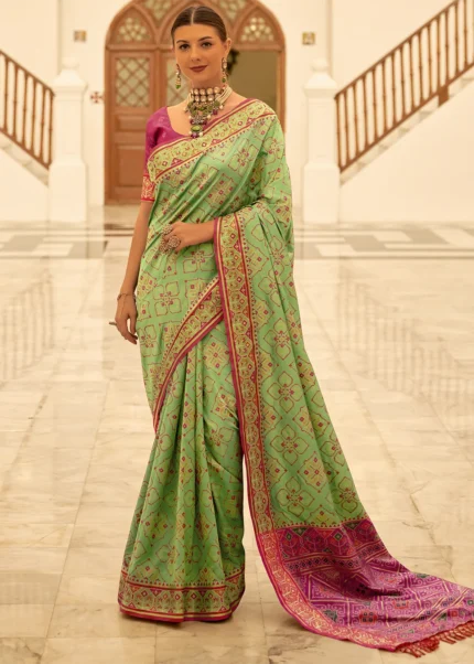 Parrot Green Patola Silk Saree