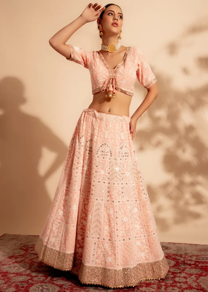 Peach Embroidered Georgette Lehenga