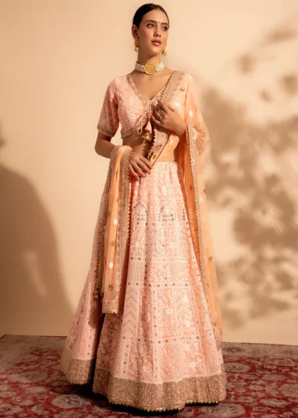 Peach Embroidered Georgette Lehenga