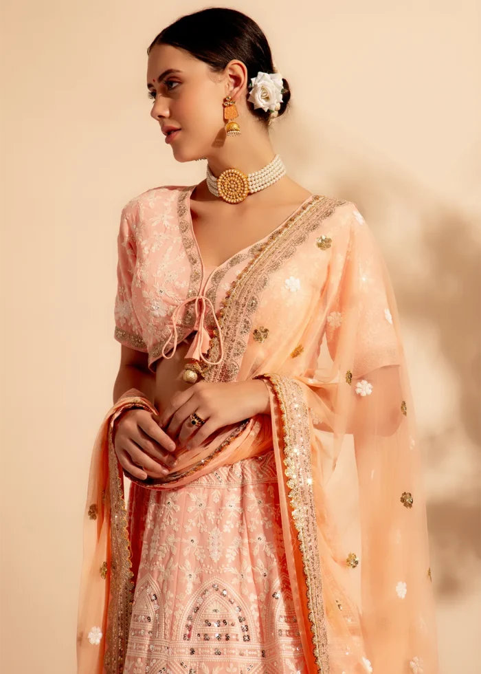 Peach Embroidered Georgette Lehenga