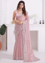 Peach Organza Silk Saree with Stone Work