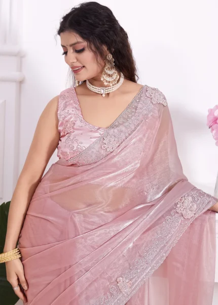 Peach Organza Silk Saree with Stone Work