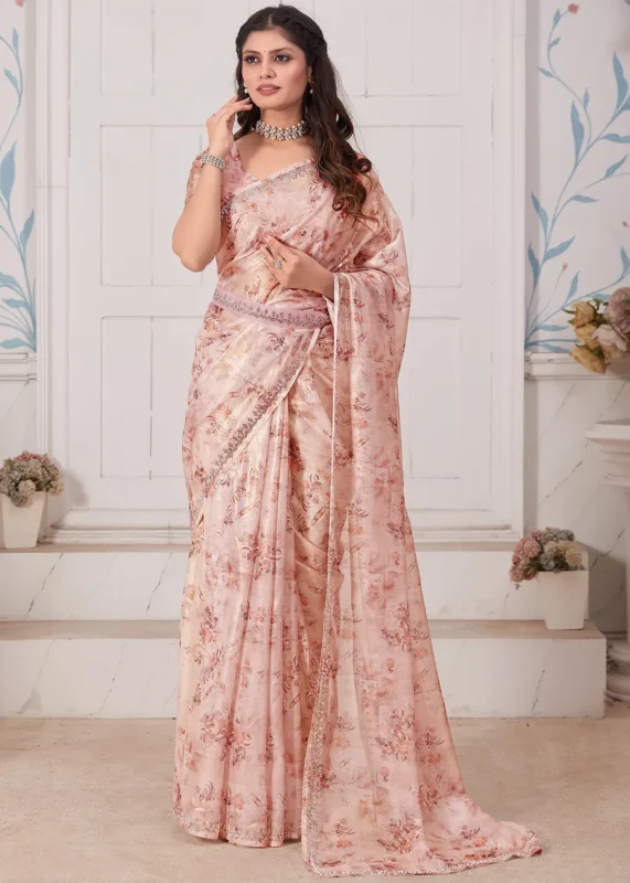 Peach Printed Organza Silk Saree