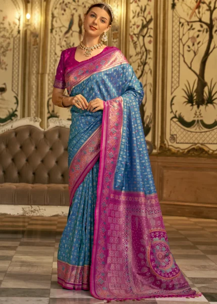 Peacock Blue Patola Silk Saree