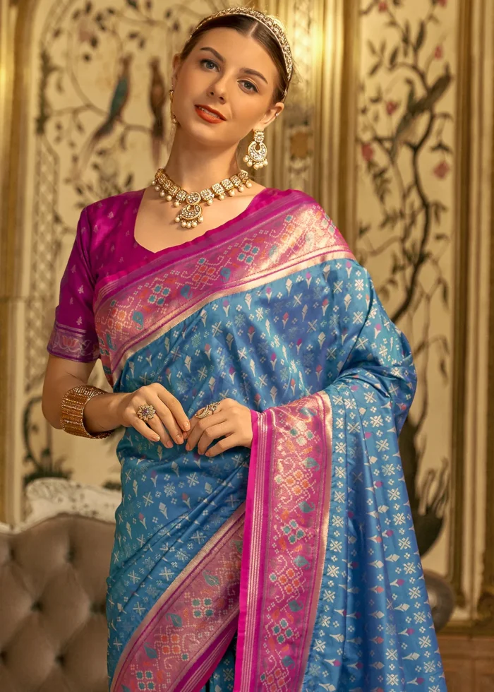 Peacock Blue Patola Silk Saree