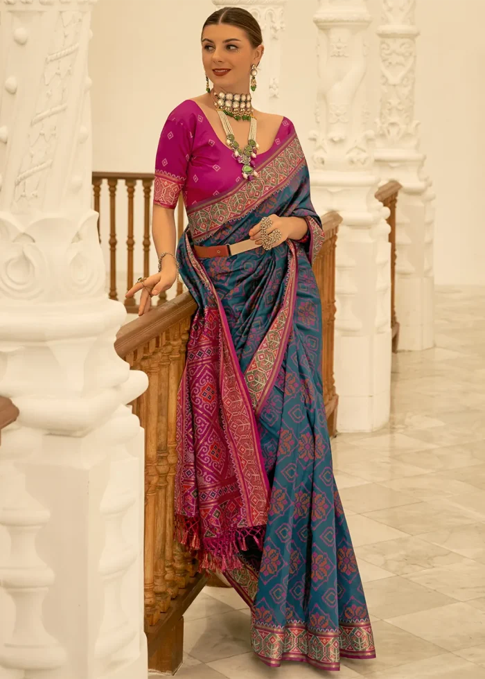 Peacock Blue Patola Silk Saree