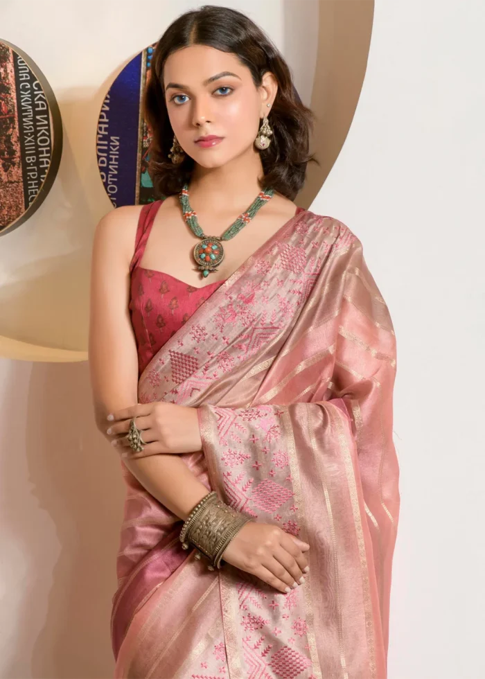 Pink Printed Organza Silk Saree