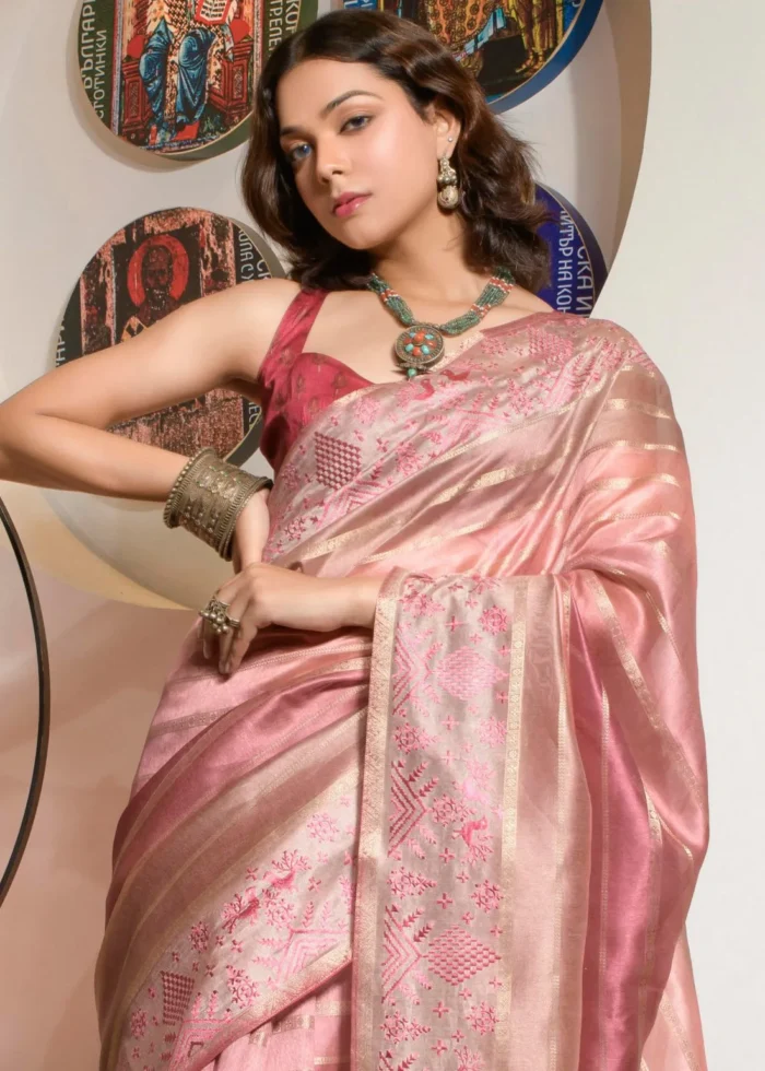 Pink Printed Organza Silk Saree