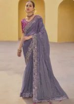 Purple Embroidered Organza Silk Saree