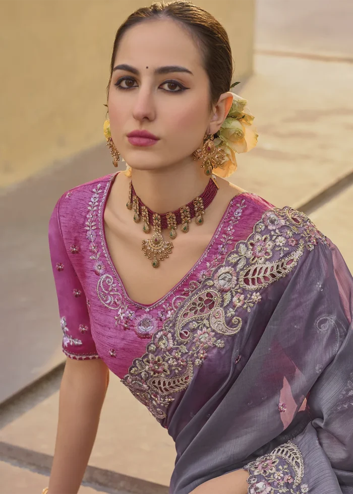 Purple Embroidered Organza Silk Saree