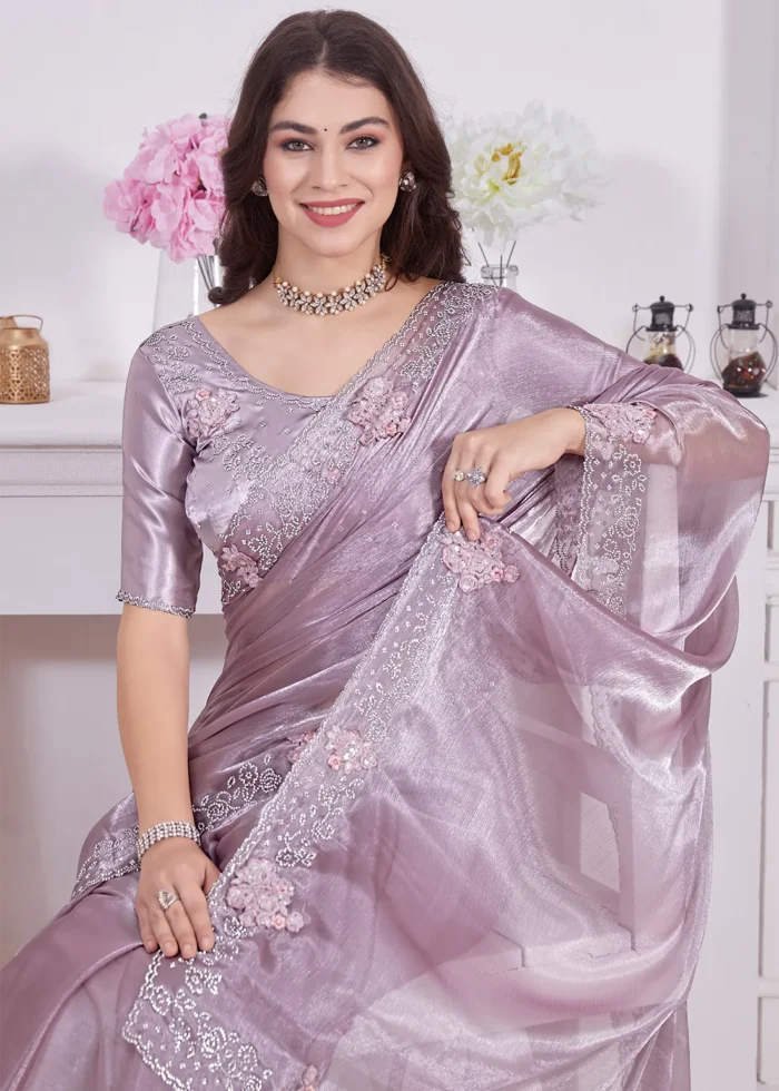 Purple Organza Silk Saree with Stone Work