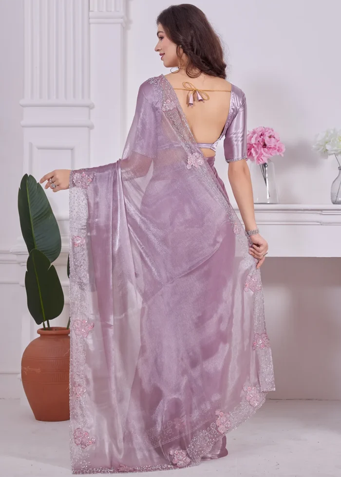 Purple Organza Silk Saree with Stone Work