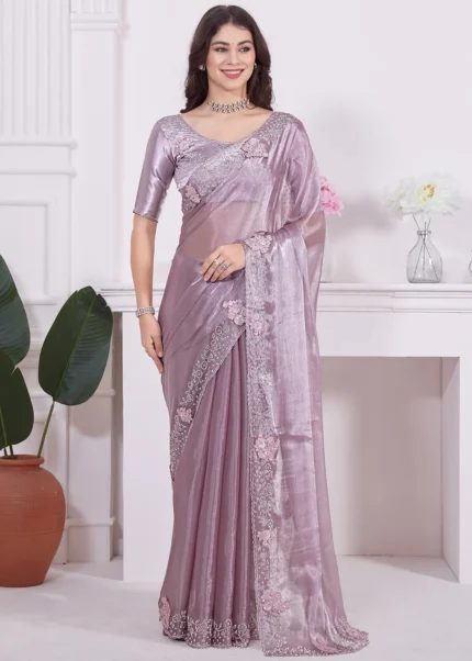 Purple Organza Silk Saree with Stone Work