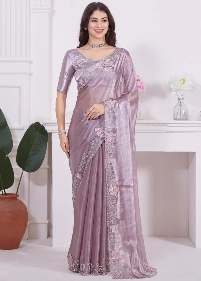 Purple Organza Silk Saree with Stone Work