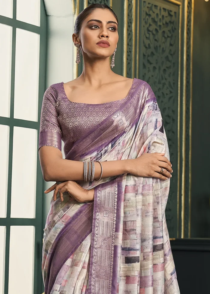 Purple Printed Cotton Silk Saree