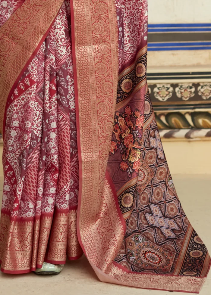 Raspberry Pink Printed Dola Silk Saree