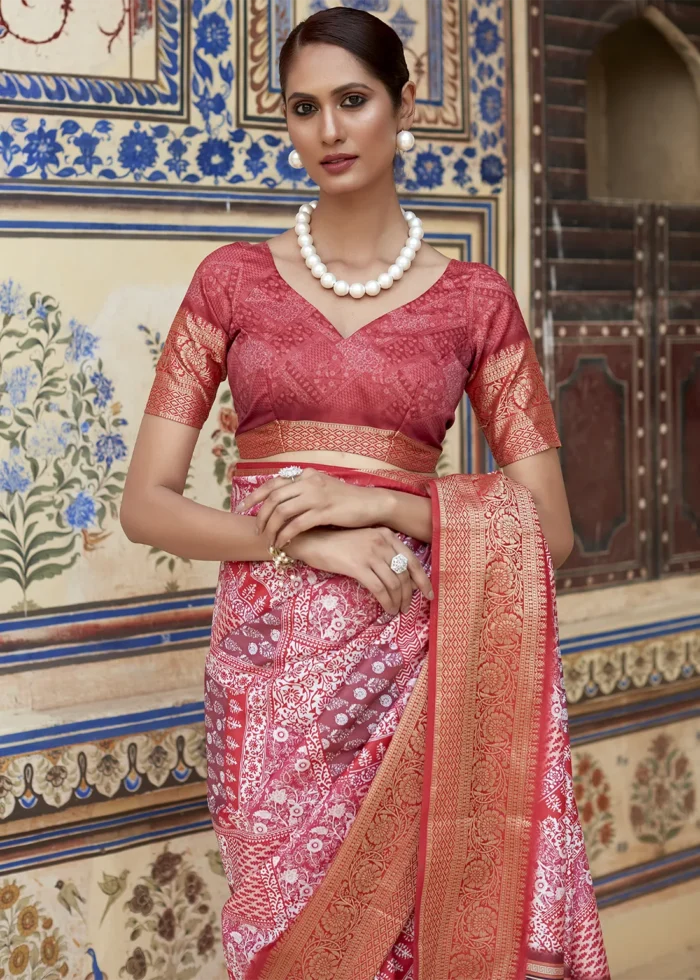 Raspberry Pink Printed Dola Silk Saree