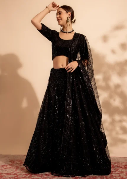 Ready to Wear Black Embroidered Net Lehenga