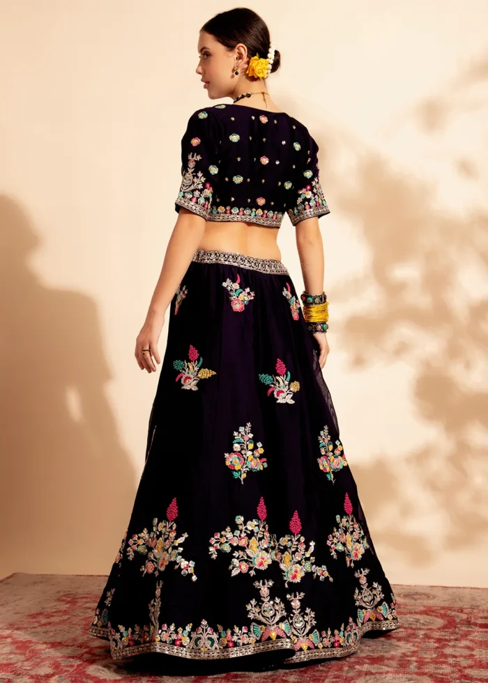 Ready to Wear Dark Purple Embroidered Organza Lehenga