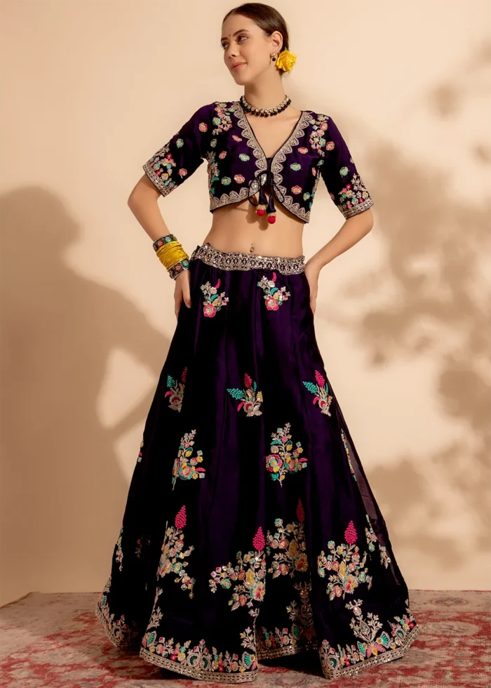 Ready to Wear Dark Purple Embroidered Organza Lehenga