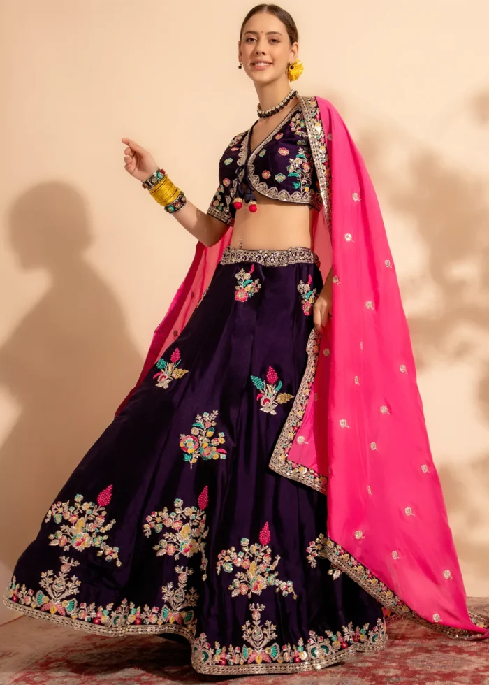 Ready to Wear Dark Purple Embroidered Organza Lehenga