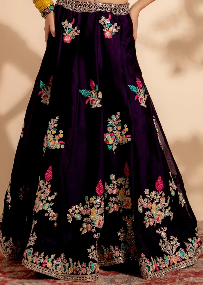 Ready to Wear Dark Purple Embroidered Organza Lehenga