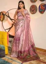 Rose Pink Printed Organza Silk Saree