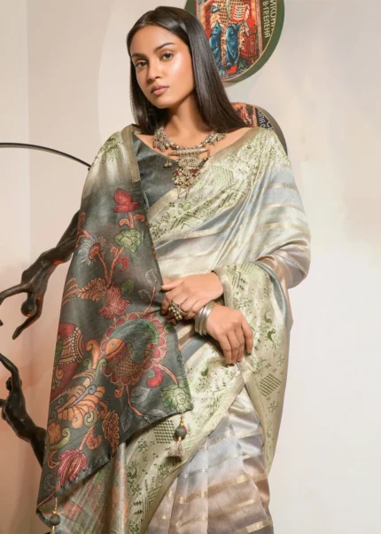 Sage Green Printed Organza Silk Saree with Embroidery Work