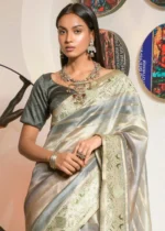 Sage Green Printed Organza Silk Saree with Embroidery Work