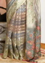 Sage Green Printed Organza Silk Saree with Embroidery Work